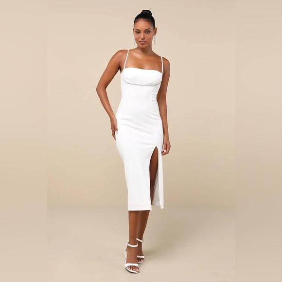 LULU’S Upscale Flirt Ivory Rhinestone Sleeveless Bodycon Midi Dress - Picture 3 of 5